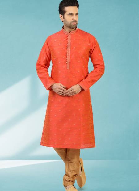 Dark Orange Colour Outluk New Latest Design Jacquard Silk Brocade Party Wear Kurta Pajama Mens Collection 1224-1030